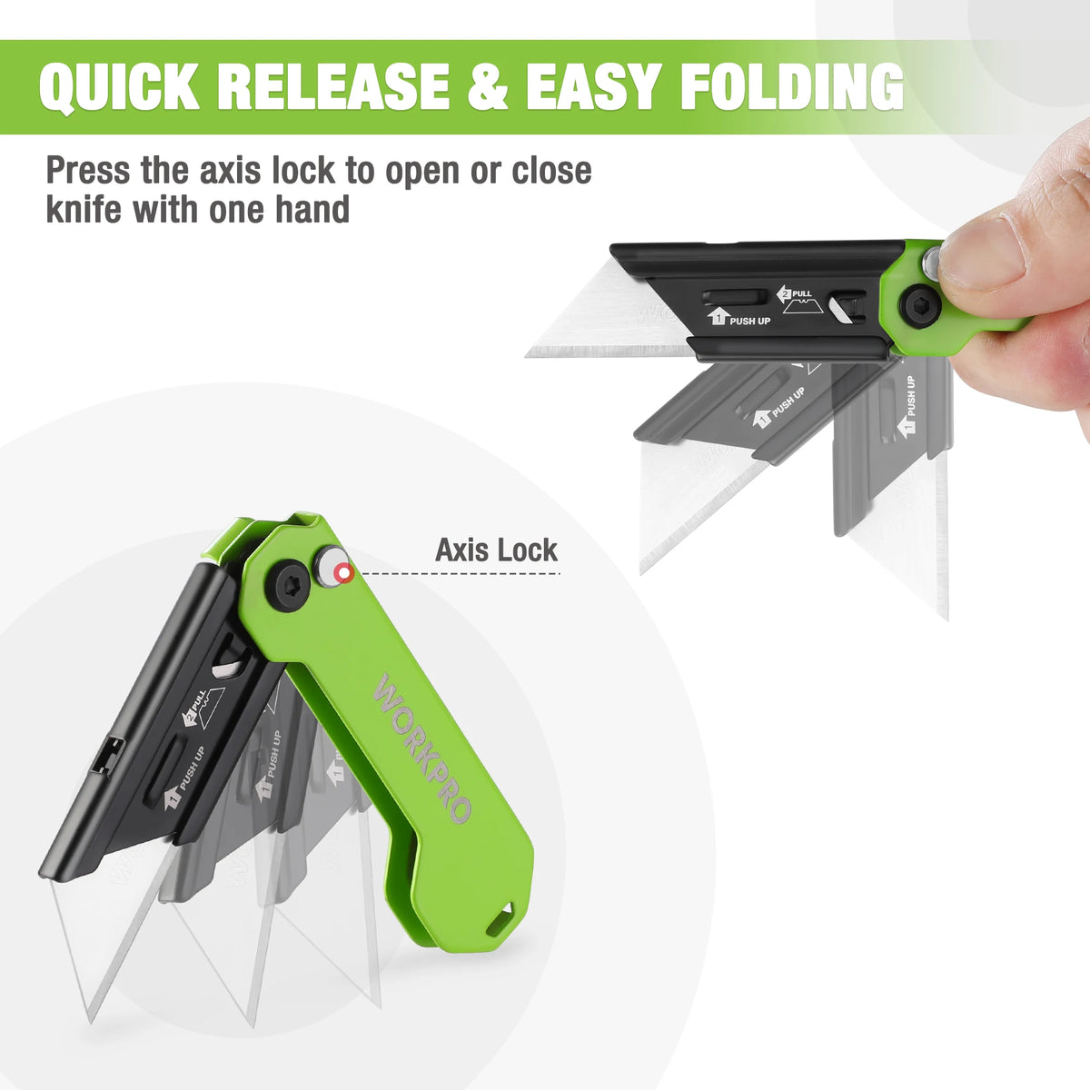 A hand is shown pressing the axis lock to open or close a folding utility knife with one hand.