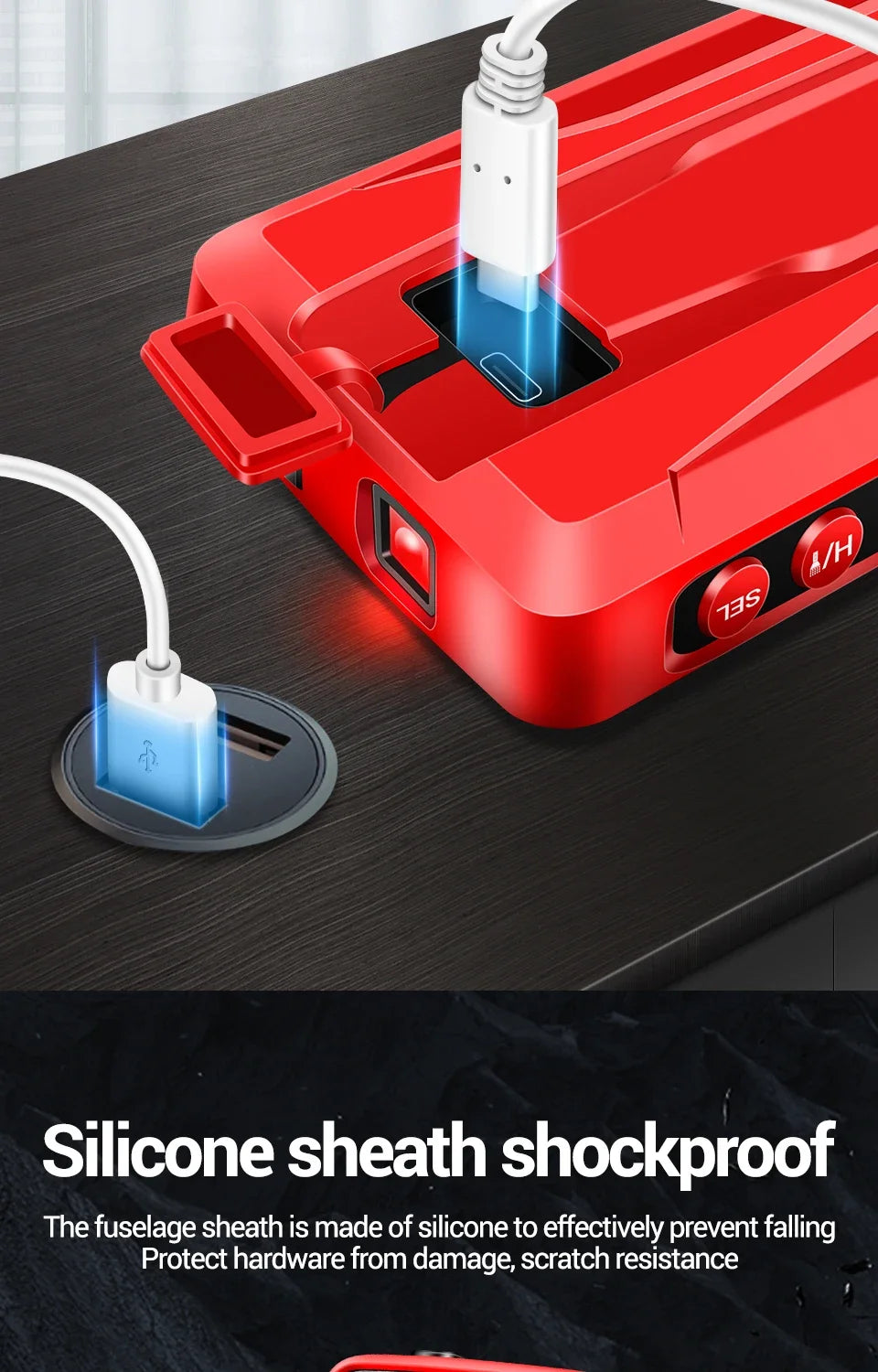 A red digital multimeter with a silicone sheath is shown, demonstrating non-contact voltage testing functionality.