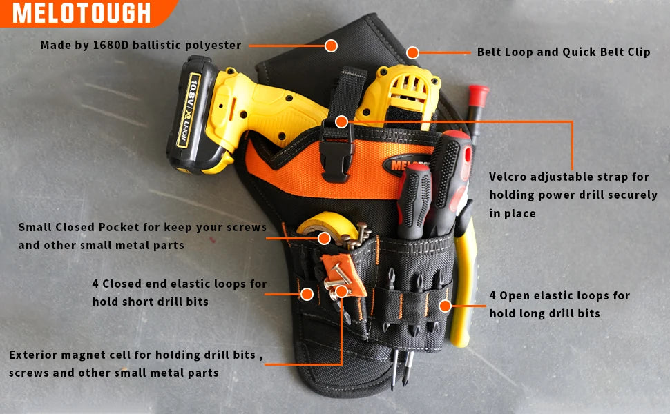 A yellow and black heavy-duty holster for holding power drill bits and tools.