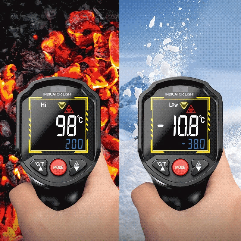 A black infrared thermometer is shown measuring a high temperature on the left and a low temperature on the right against a s