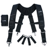 Black heavy-duty tool belt suspenders with adjustable straps and phone holder