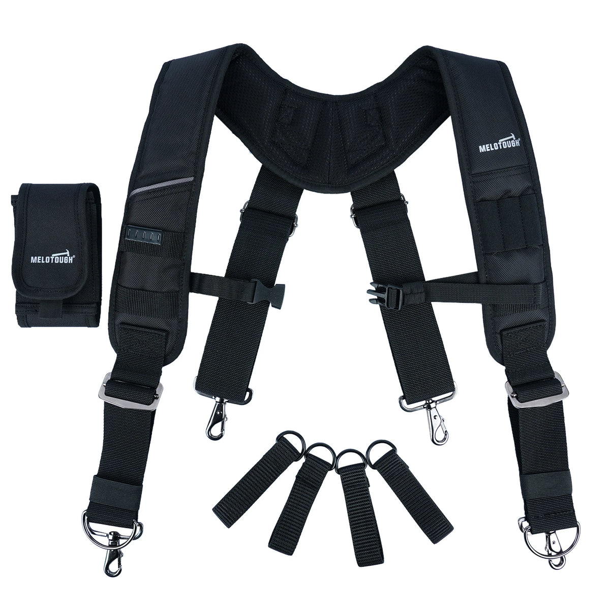Black heavy-duty tool belt suspenders with adjustable straps and phone holder