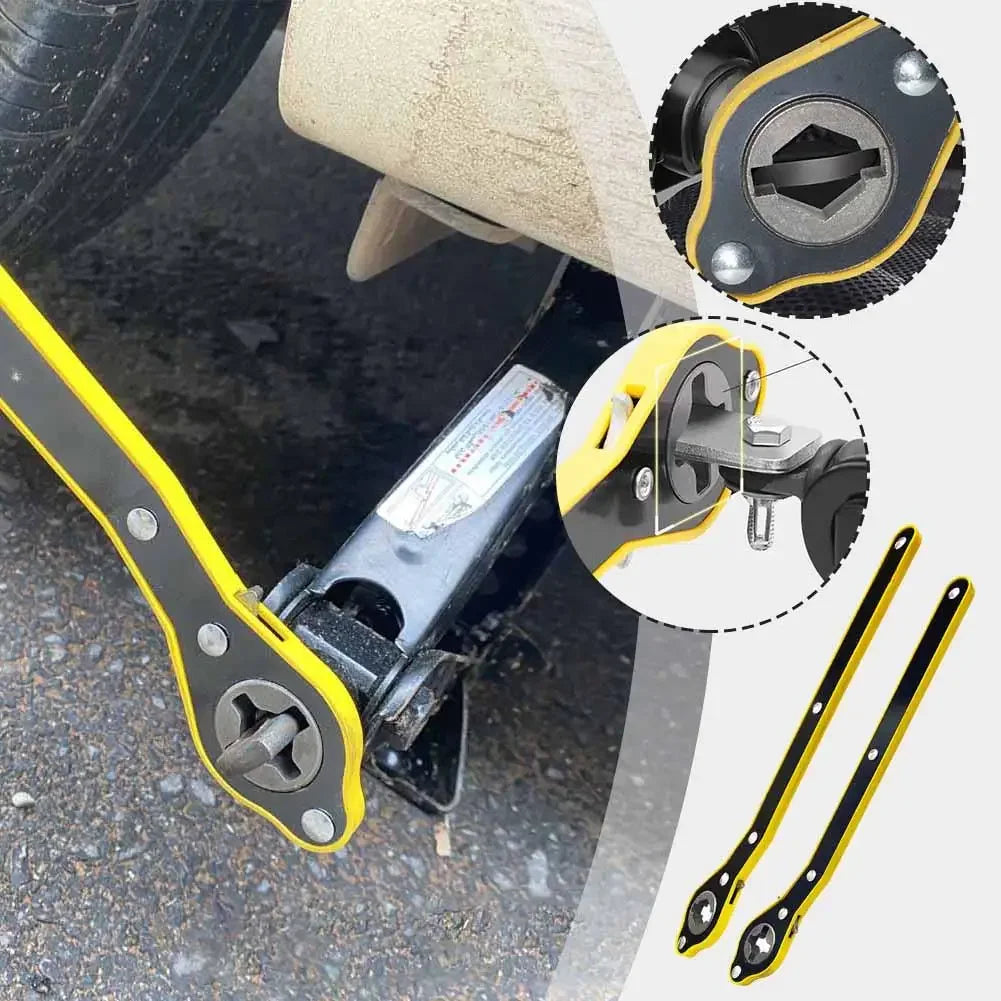 Schwere Autolift- und Reifenreparaturwerkzeug mit gelbem Griff und schwarzen Komponenten zusammen mit einem zerlegten Teil