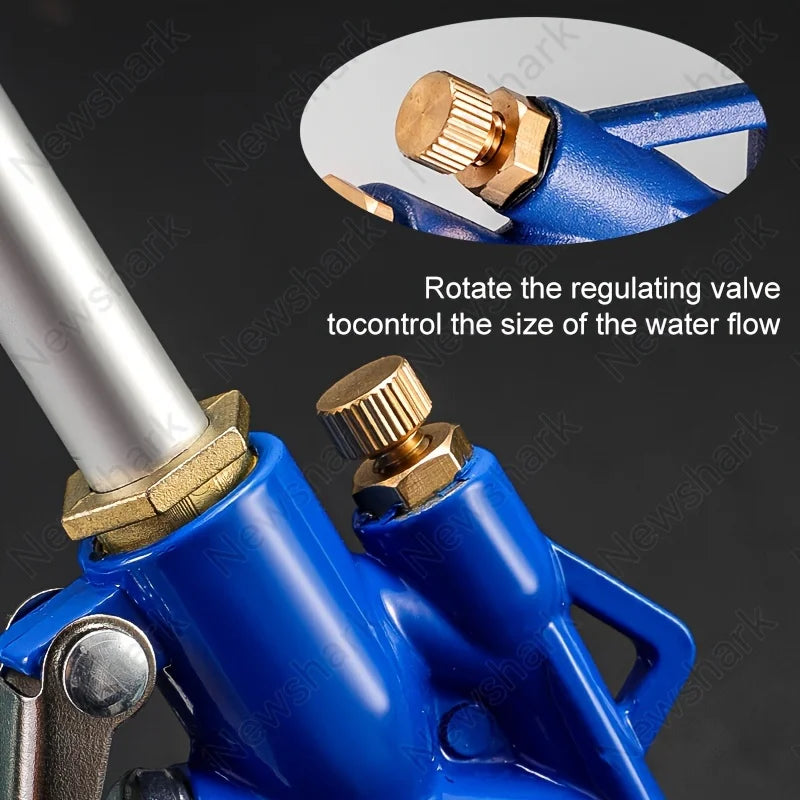 Close-up of a blue pneumatic water gun with a regulating valve mechanism for controlling water flow.