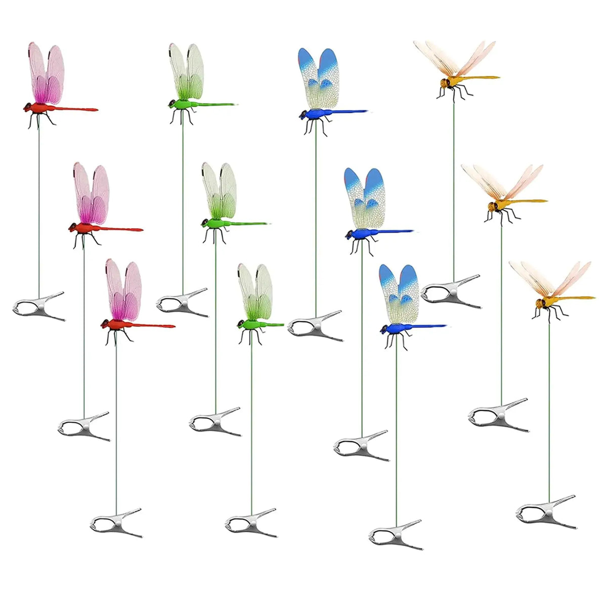 A collection of colorful dragonfly clips in various colors and sizes for outdoor and indoor decoration.