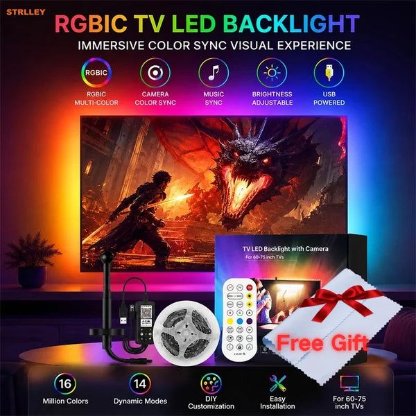An immersive color sync visual experience featuring an RGBIC TV LED backlight with a camera and USB power.