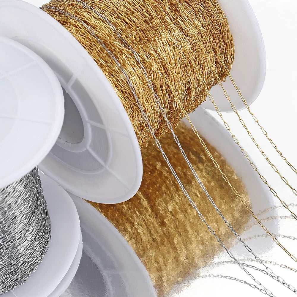 Spools of gold-colored stainless steel beading chains for DIY jewelry making