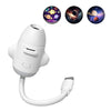A white dual-mode USB projection lamp with a flexible cord and three colorful planetary designs.