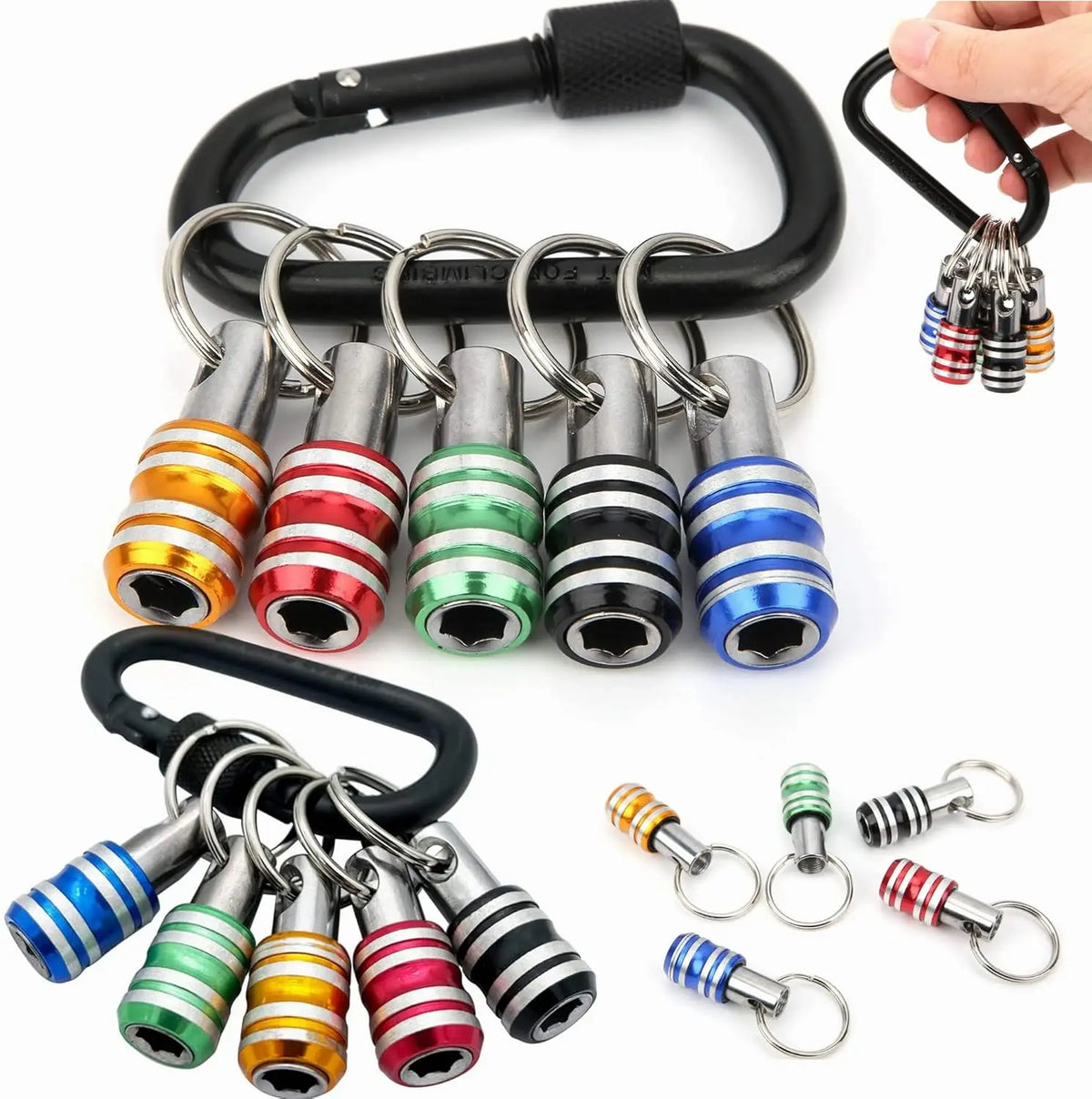 A set of 12 socket bit holders and extension bars with various colored tips attached to a black keychain ring.