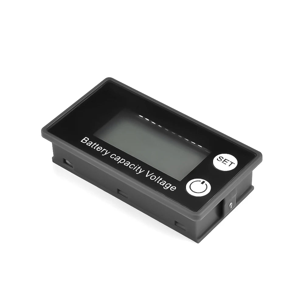 A black digital battery capacity tester device shown from above.