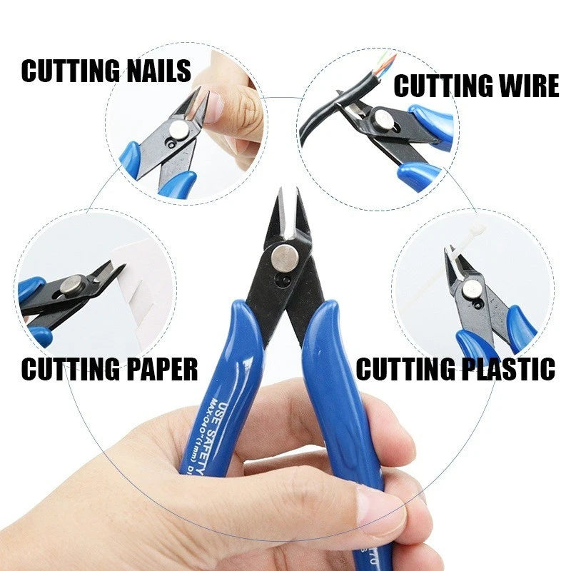 A hand holds a pair of blue cutting pliers, demonstrating various uses like cutting nails, wire, and plastic.