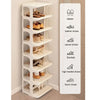 A vertical white stackable shoe rack organizer displaying various types of shoes like slippers, leather shoes, casual shoes, 