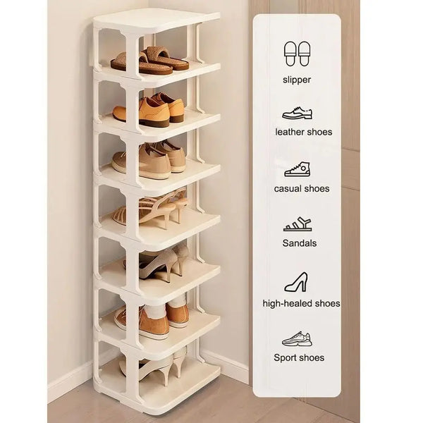 Étagère à chaussures empilable blanche verticale présentant divers types de chaussures comme pantoufles, chaussures en cuir, 
