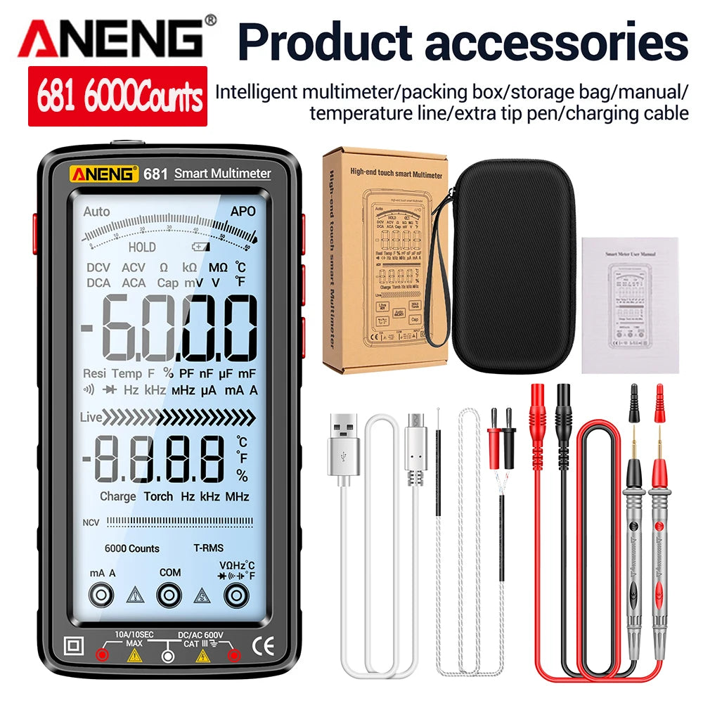 ANENG 681 Smart Multimeter mit Zubehör wie Aufbewahrungstasche und Ladekabel
