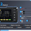 A digital oscilloscope setup showing components like an alligator clip probe, charging cable, adapter, P6100 high voltage pro