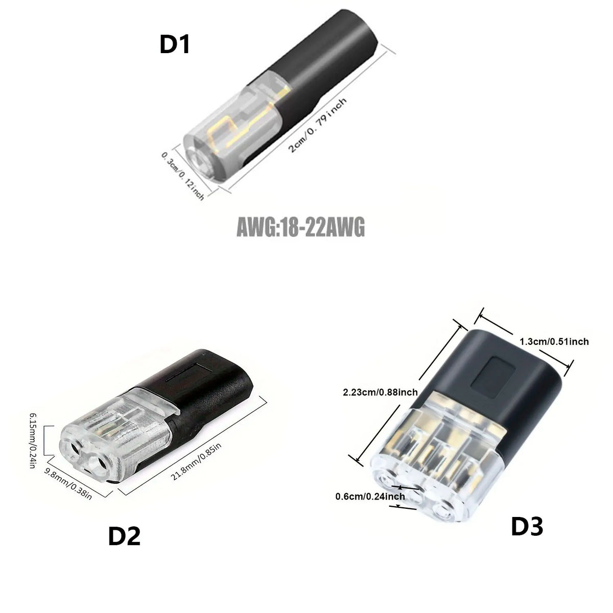 Diagrams showing D1 and D2 wire connectors with specifications for AWG-18-22AW.