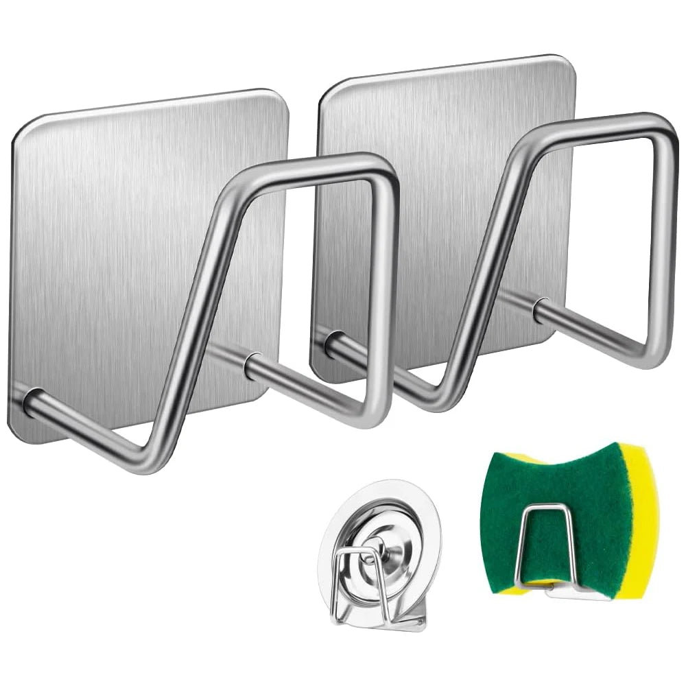 Edelstahl-Spülschwammhalter mit Wandhaken, rechteckige Platte und gebogene Metallhaken.