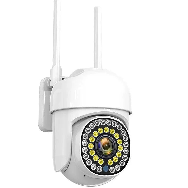 A white dual lens 1080P WiFi IP camera with PTZ tracking features a prominent lens and mounting bracket.