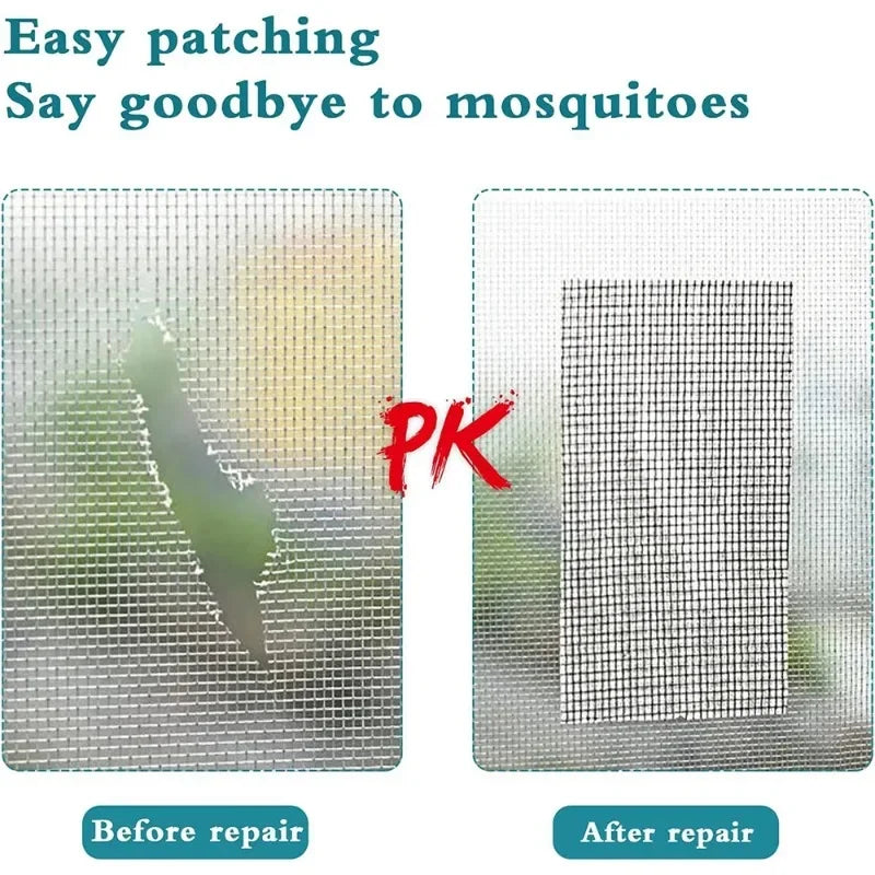 Before and after images showing easy patching of a window screen to prevent mosquito entry.