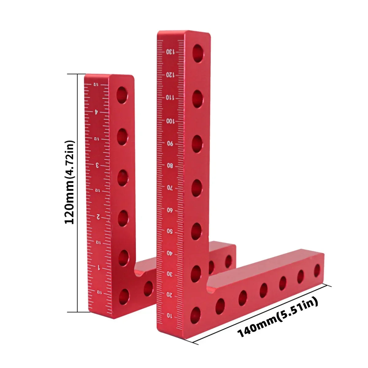 A red precision right angle fixing clamp with a 120mm length and 140mm width.