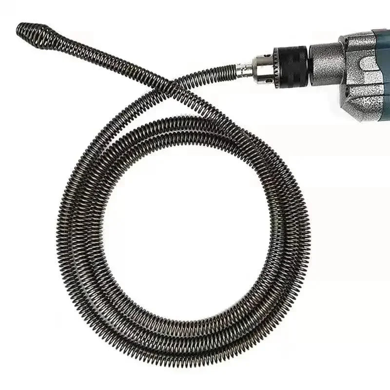 A heavy duty spring sewer cleaning tool with a coiled metal spring and a plastic handle attachment.