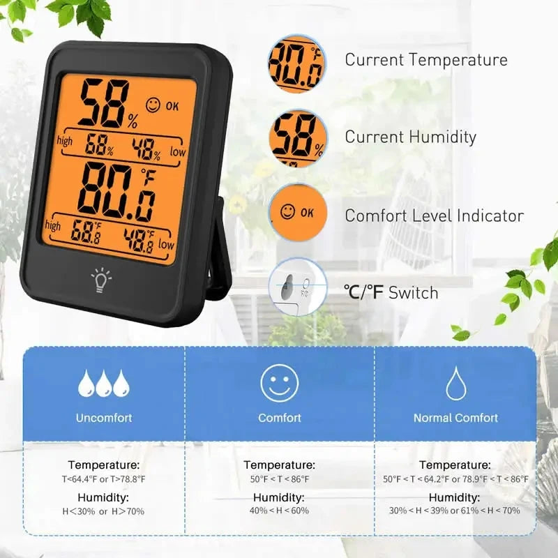 A black portable digital thermometer and hygrometer displaying temperature, humidity, and comfort level indicators.