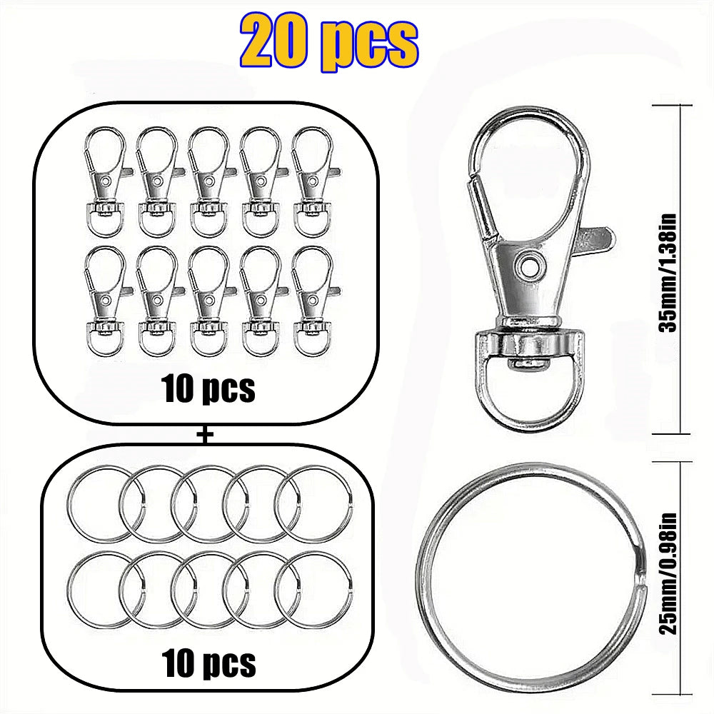 Silver swivel snap hooks and key rings shown in various quantities, including 10 pieces of hooks and 10 rings.