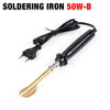 A black soldering iron with a brass tip and attached cord, used for professional repair work.