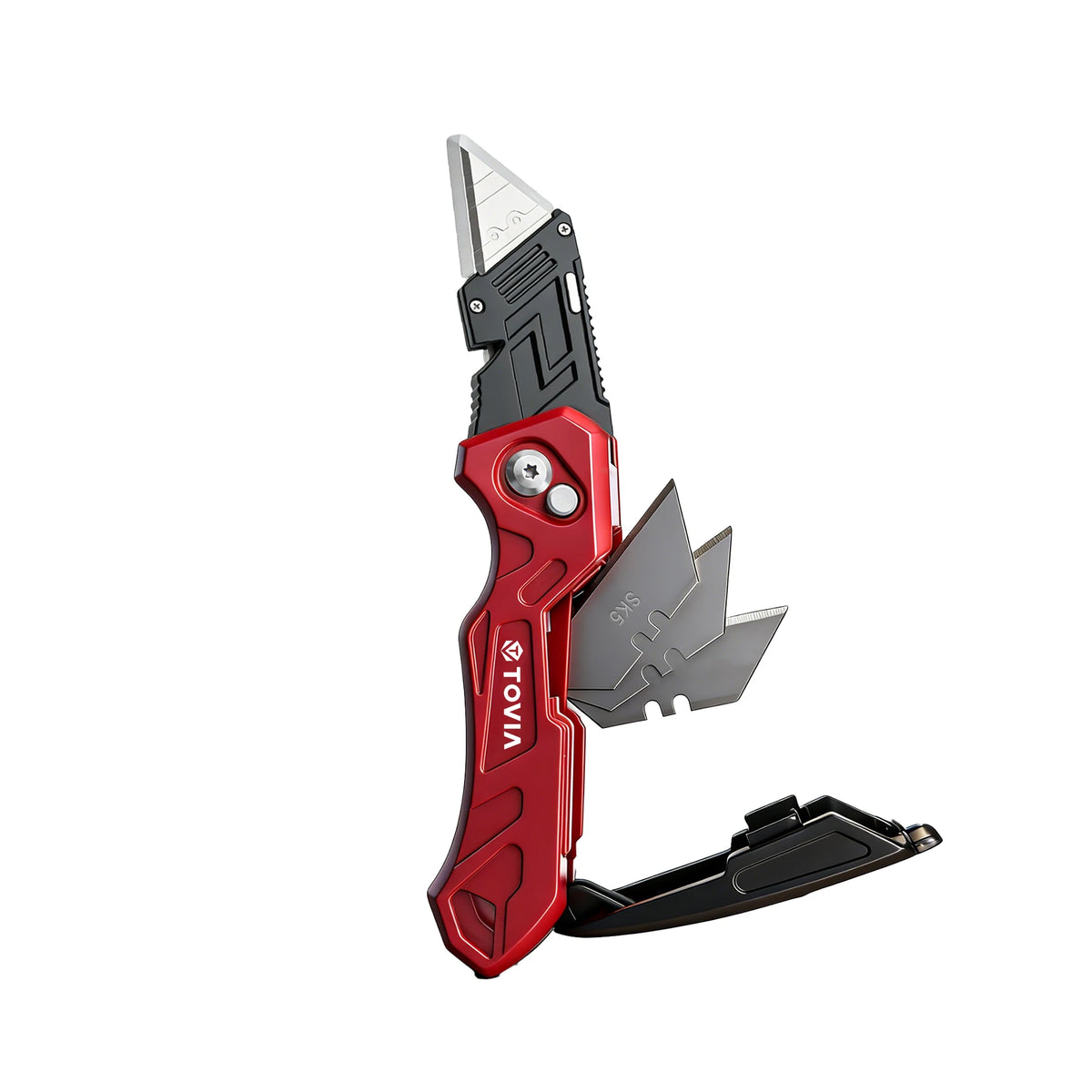 A red retractable utility knife with a silver blade and black handle is shown against a white background.