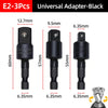 Set of three black universal adapter sockets with various sizes and lengths for power tools