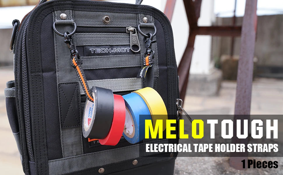 A black tool bag features a holder with three colored electrical tape straps: red, yellow, and blue.
