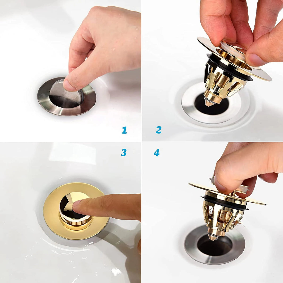 Close-up shots showing the installation and operation of a universal pop-up drain fitting for a sink.