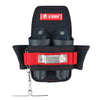 A black utility tool pouch with red accents and a silver belt clip attached by a metal chain.