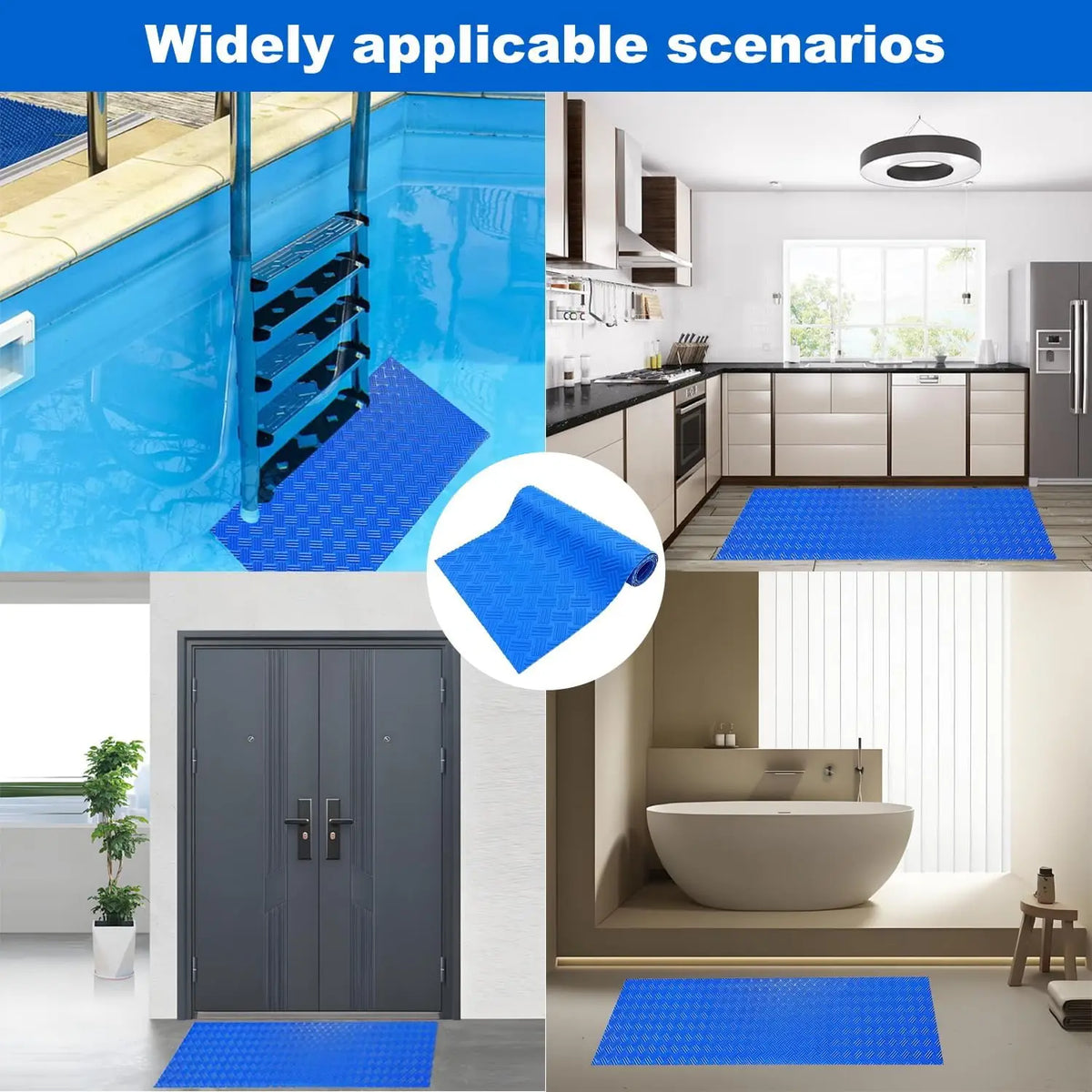 Blue non-slip pool ladder mat placed on a pool ladder in clear blue water.