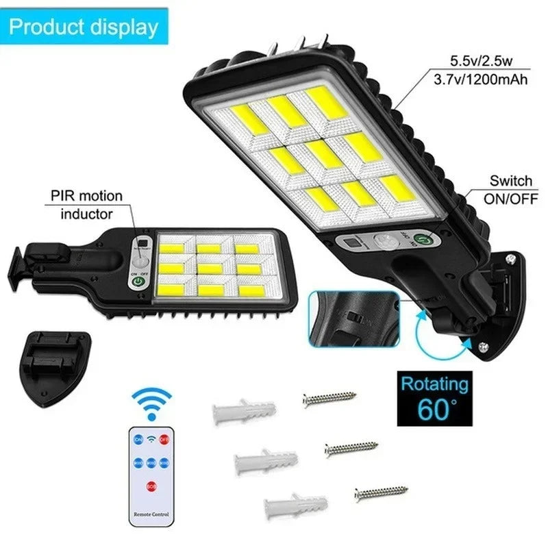 A solar motion sensor security light with a detachable panel and remote control components shown for display.