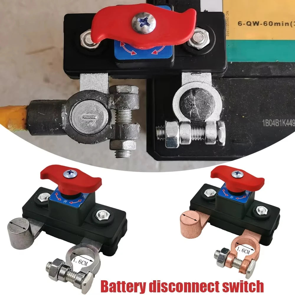 Interruptor de desconexión de batería con palancas rojas y azules y terminales plateados para uso automotriz.