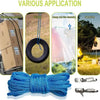 A blue heavy-duty retractable tie down rope shown in various applications including packaging, laundry, and camping.
