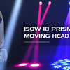 A professional DMX moving head light with prisms and a moving head on a stage setup.