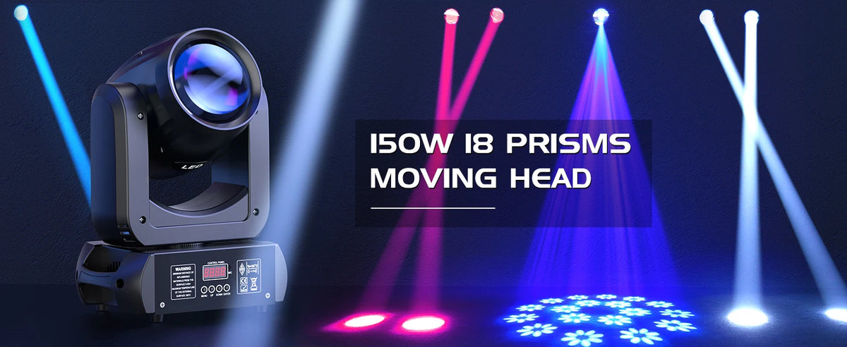 A professional DMX moving head light with prisms and a moving head on a stage setup.