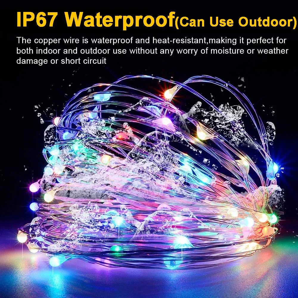 A bundle of multi-colored LED fairy string lights glowing brightly against a dark background.