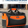An orange and black heavy duty oxford cloth tool organizer bag sitting on a concrete surface.