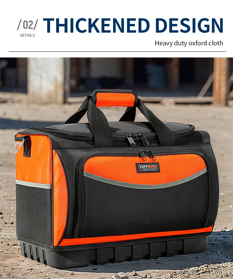 An orange and black heavy duty oxford cloth tool organizer bag sitting on a concrete surface.