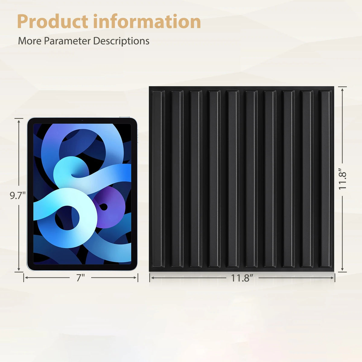 A black, rectangular 3D fluted PVC wall panel is shown next to a smartphone for scale.