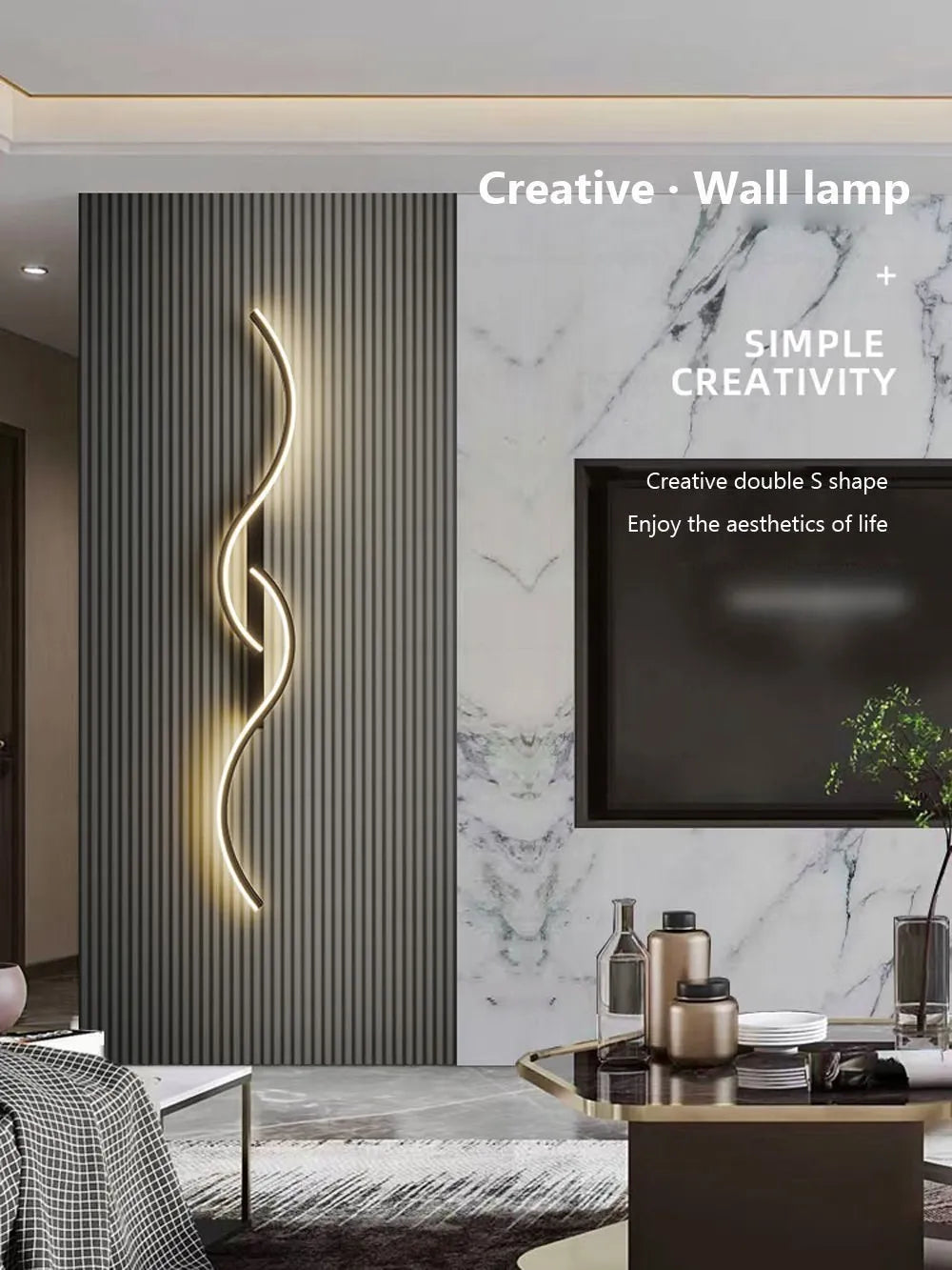 A modern LED wall lamp with a curved, vertical design mounted on a textured gray wall in an interior setting.