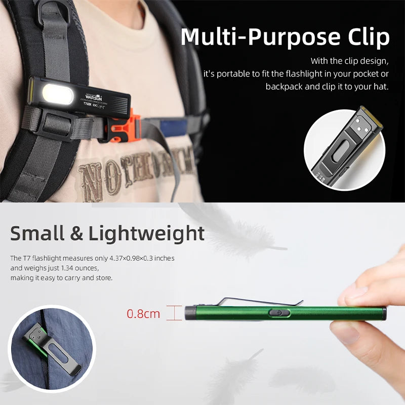 A small green T7 LED flashlight is shown being held by a hand, highlighting its compact size.
