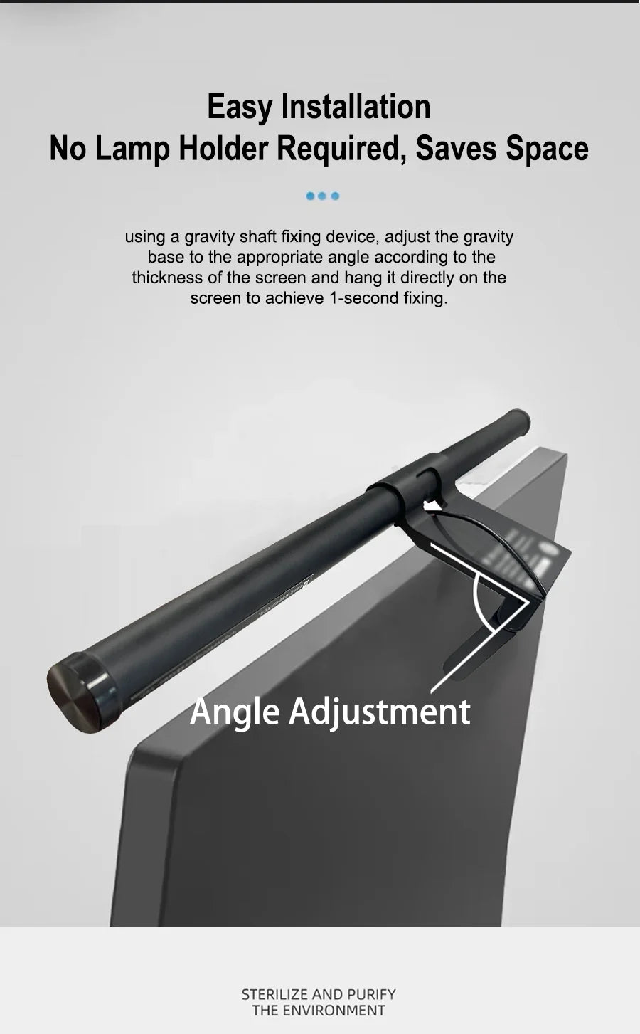 An adjustable black LED light bar is shown being installed on a computer screen with an angle adjustment mechanism.