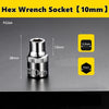 A silver hex wrench socket with a 10mm drive and 13mm length is shown against a dark background.