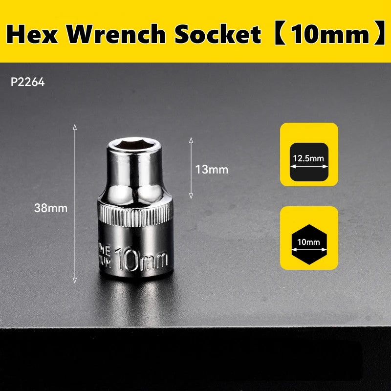 A silver hex wrench socket with a 10mm drive and 13mm length is shown against a dark background.