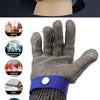 A pair of gray cut-proof steel wire weaving gloves with a blue wrist strap and a white glove shown against a dark background.
