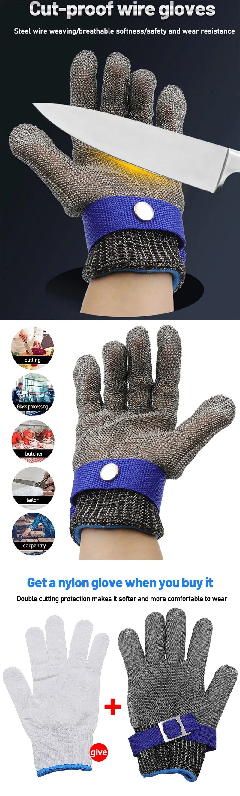 A pair of gray cut-proof steel wire weaving gloves with a blue wrist strap and a white glove shown against a dark background.